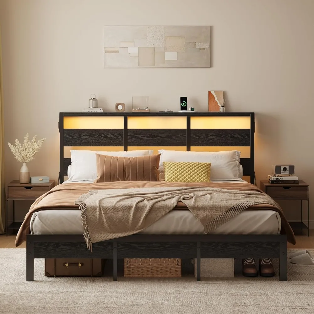 

Queen Size Bed Frame with Headboard Storage and Charging Station, Black Platform Bed Frame, Equipped with LED Lights