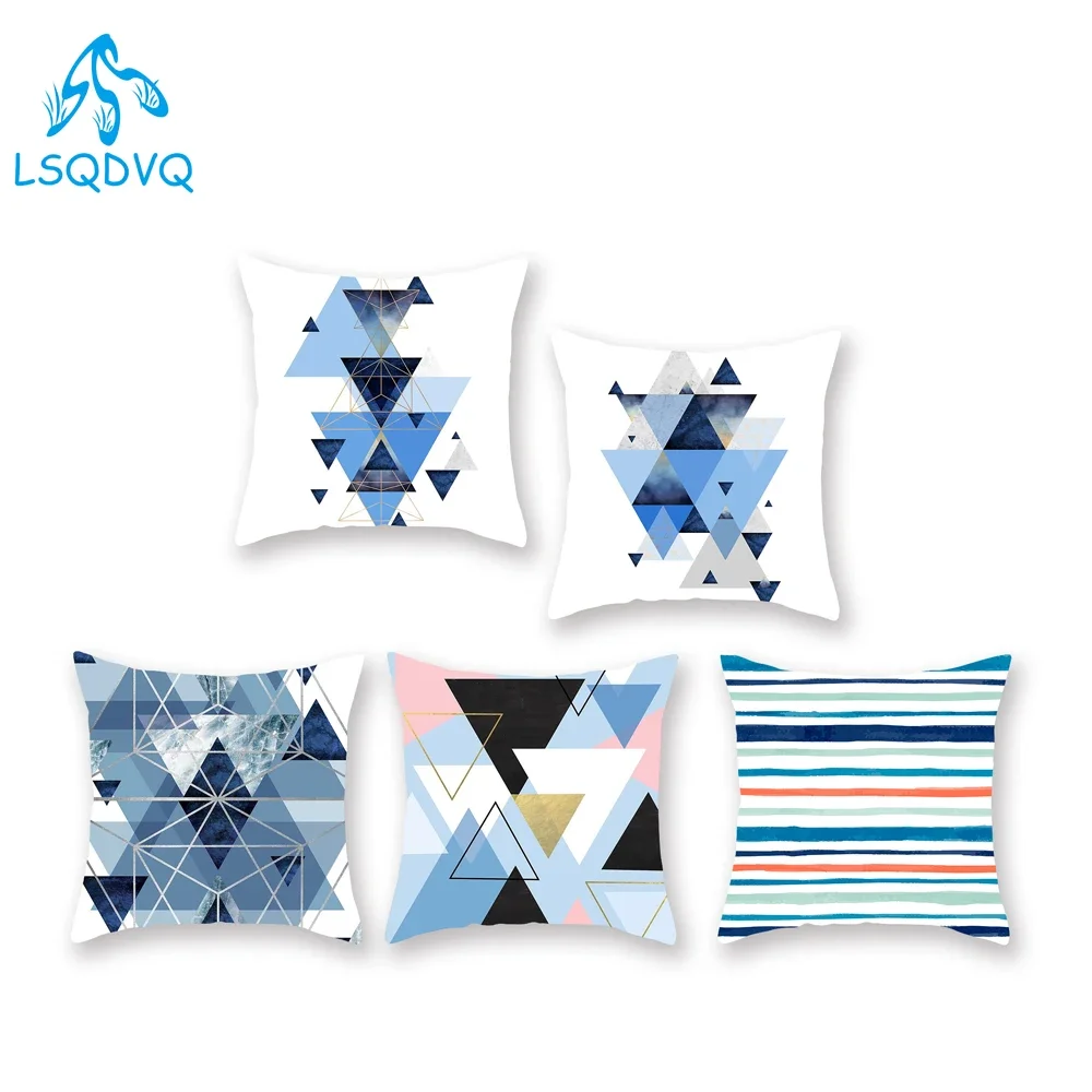 Funda de almohada decorativa de poliéster, Cojines geométricos abstractos azules, Decorativos Para funda de cojín de sofá, funda de almohada