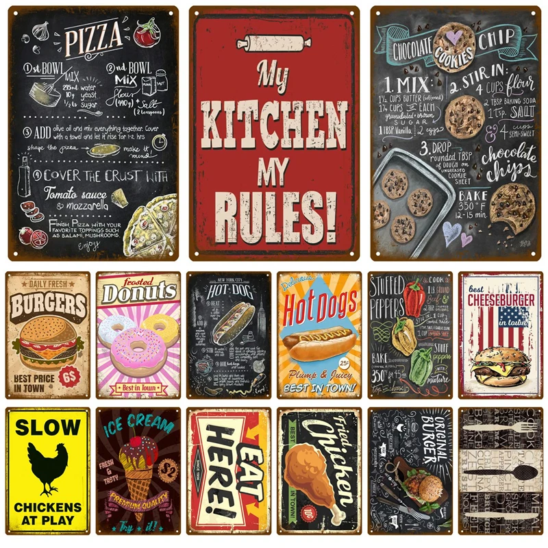 Metal Sign Home Decor Fast Food Vintage Tin Sign Plaque Metal Retro Plate Hot Dog Poster Wall Decor For Kitchen Cafe Diner Bar