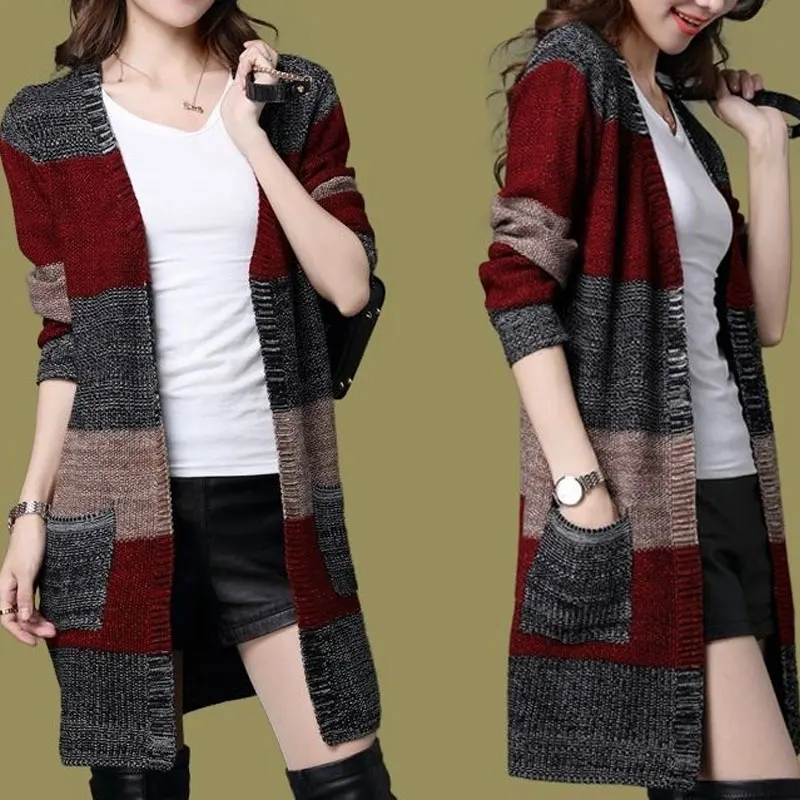 Autumn Winter Long Knitted Cardigan Fashion Vintage Contrasting Colors Patchwork Chic Bright Silk Female Pockets Sweaters Coat