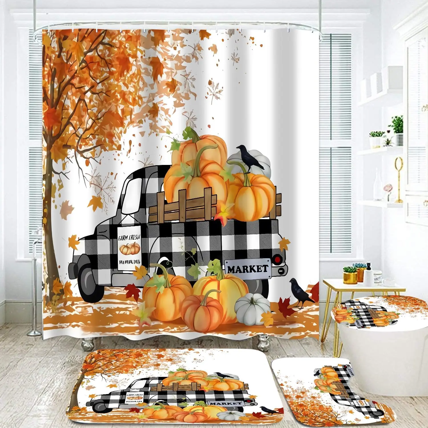 

Yizheer Fall Thanksgiving Day 4Pcs Autumn Maple Pumpkin Shower Curtain Sets with Non-Slip Rugs, Toilet Lid Cover and Bath Mat, H