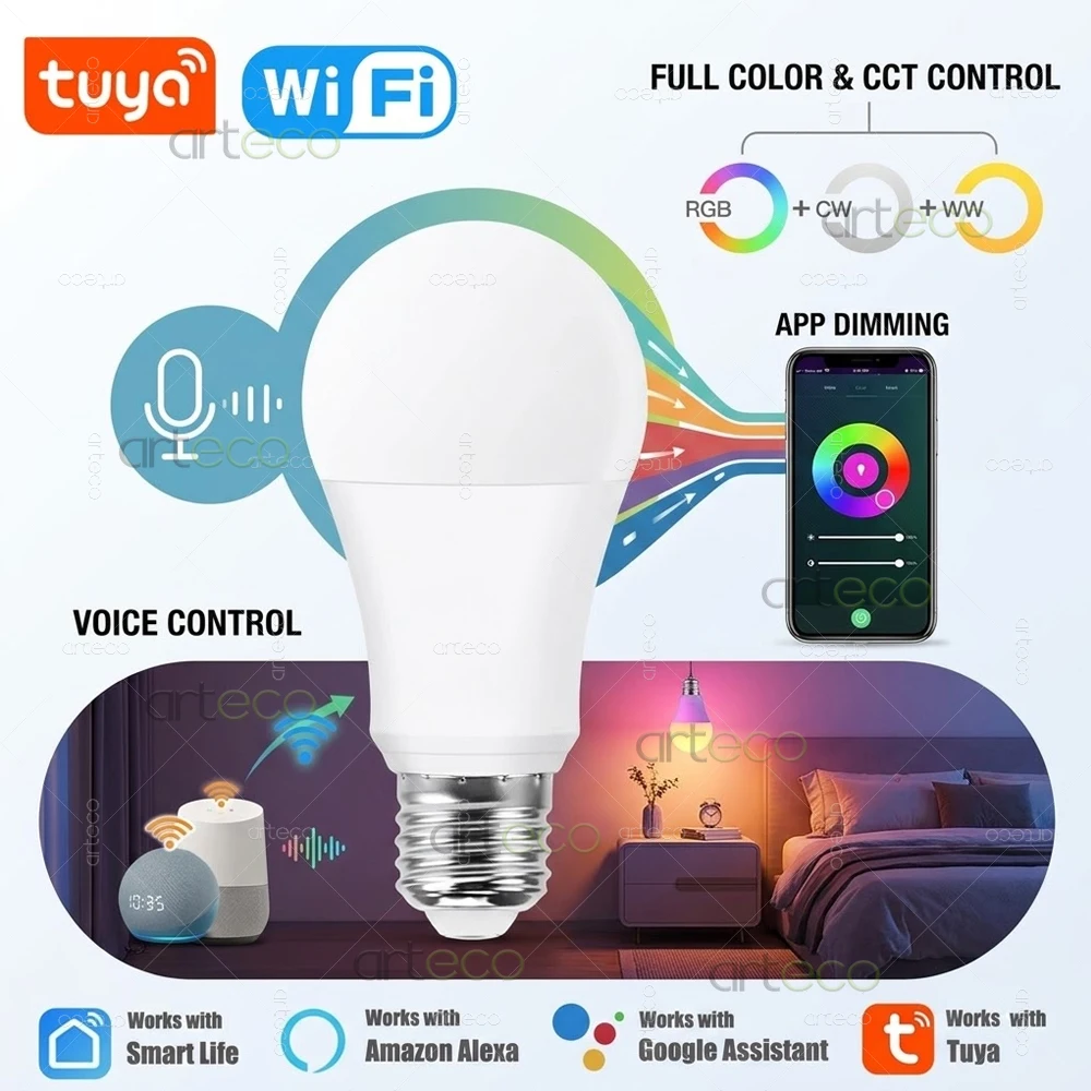 15W WiFi Smart Led Light Bulb E27 RGBCW Dimmable Led Lamp Tuya Smart Life App Via Google Assistant Alexa Voice Control 85-265V