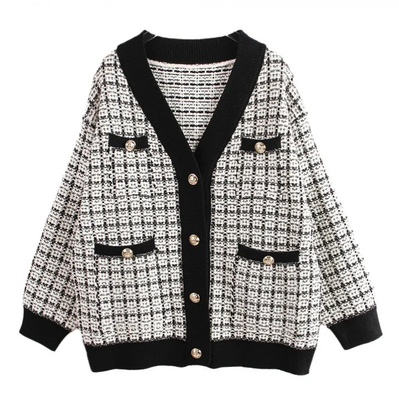 Plaid Jacket  Xiaoxiangfeng  New Graceful Sweater Over fit knit Outerwear Women Long Sleeve Cardigan Top 2024 Autumn and Winter