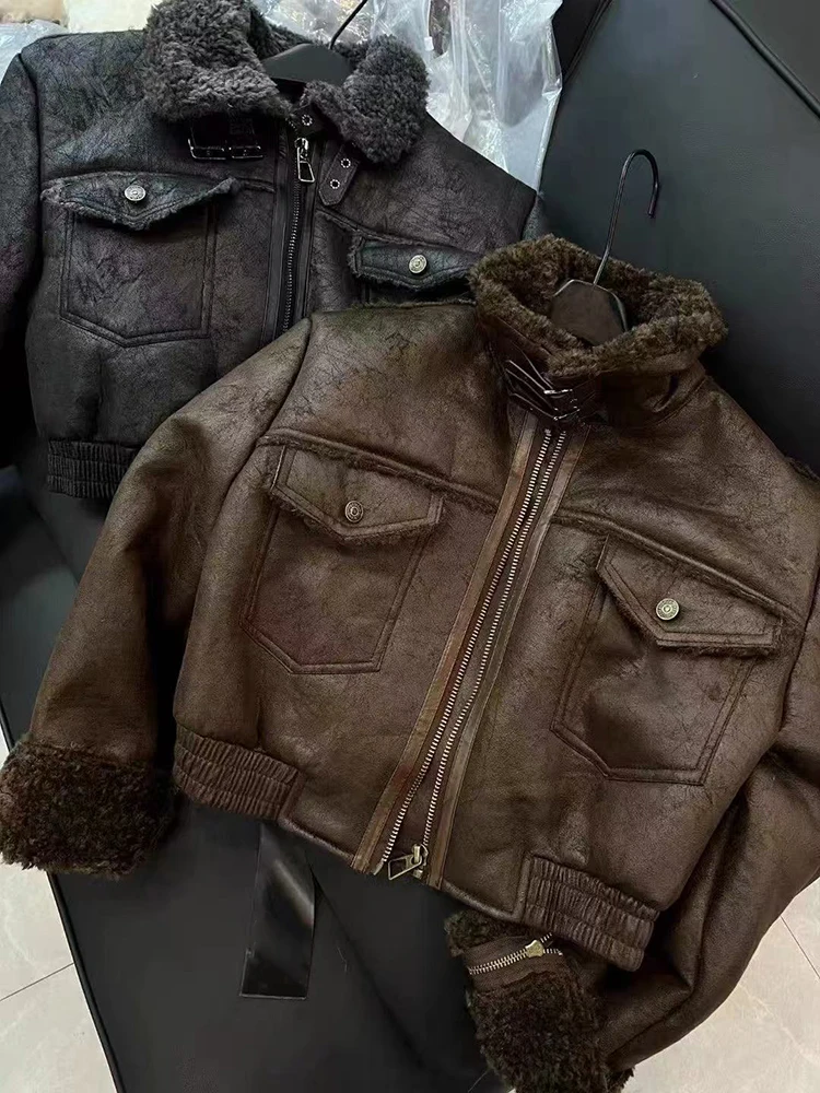 

Thick Lambs Jackets Women Winter Loose Stand Collar Fleece Warm Coats Bf American Streetwear All Match Motorcycle Outerwear