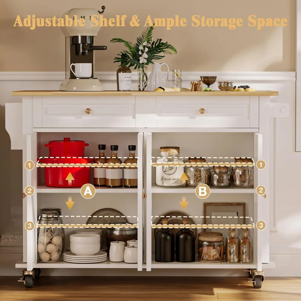 جزيرة المطبخ مع أوراق متدلية، جزيرة المطبخ المتنقلة على عجلات مع درج وخزانة تخزين، رف توابل، شريط منشفة #5
