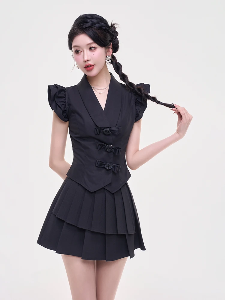 

Sweet Style V-Neck Shirt Women's Knot Waist-Cinching Flying Sleeve Top Polyester Fiber High Waist Regular Length