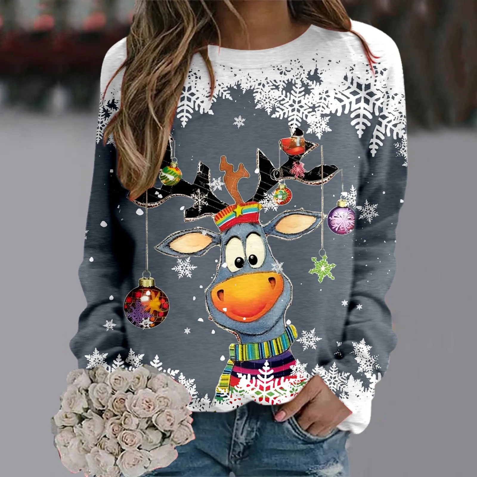 Women Christmas Sweatshirt Loose Snowflake Deer Head Print Xmas Top Teen Girls Long Sleeve Autumn Hoody Oversize Streetwear