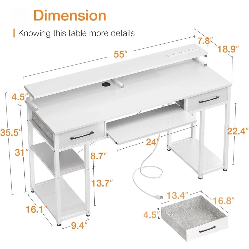 Computer Desk with Drawers & Power Outlet with Keyboard Tray & Storage Shelves & Monitor Stand, 55 Inch Office Desk