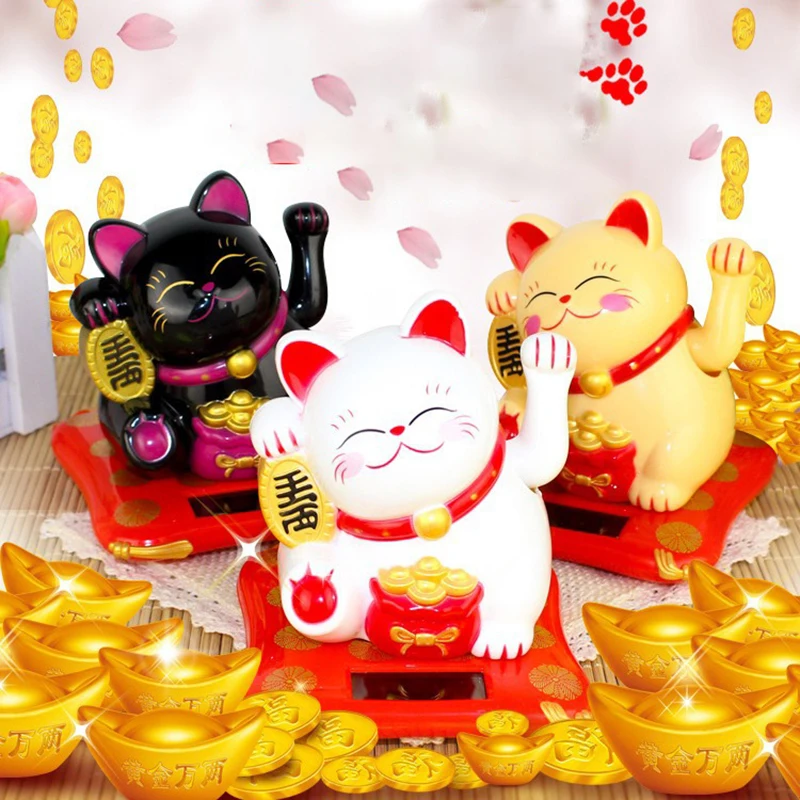 2.5 Inch Solar Powered Fortune Cat Ornaments Chinese Lucky Cat Waving Hand Beckoning Fortune Cat Figurines For Home, Office, Car