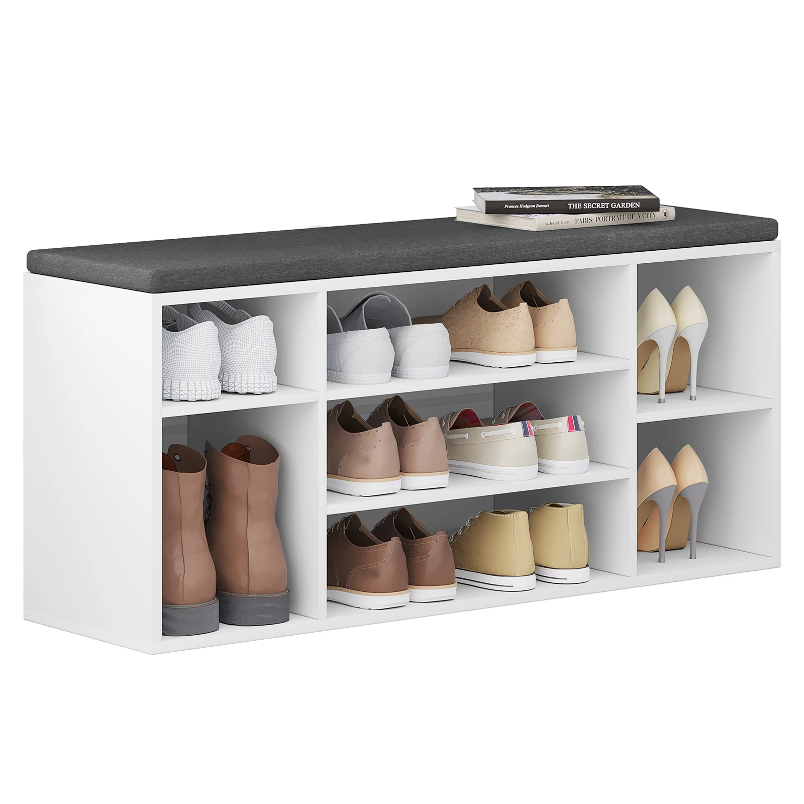 Shoe Storage Bench 103.5x30x48cm Hallway Shoe Cabinet 7 Compartment Freestanding White Chipboard Shelf with Gray Fabric Cushion