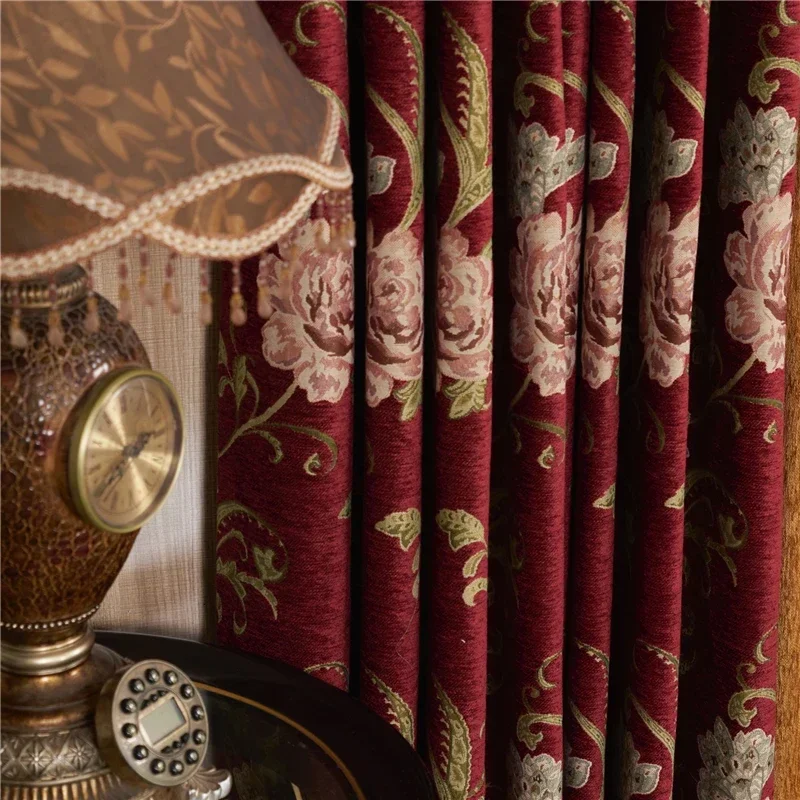 HQYQJJHYR النبيذ الأحمر الفاخرة الشنيل الجاكار سماكة ستائر التعتيم لغرفة المعيشة غرفة نوم مخصص الفرنسية نافذة الستائر #3