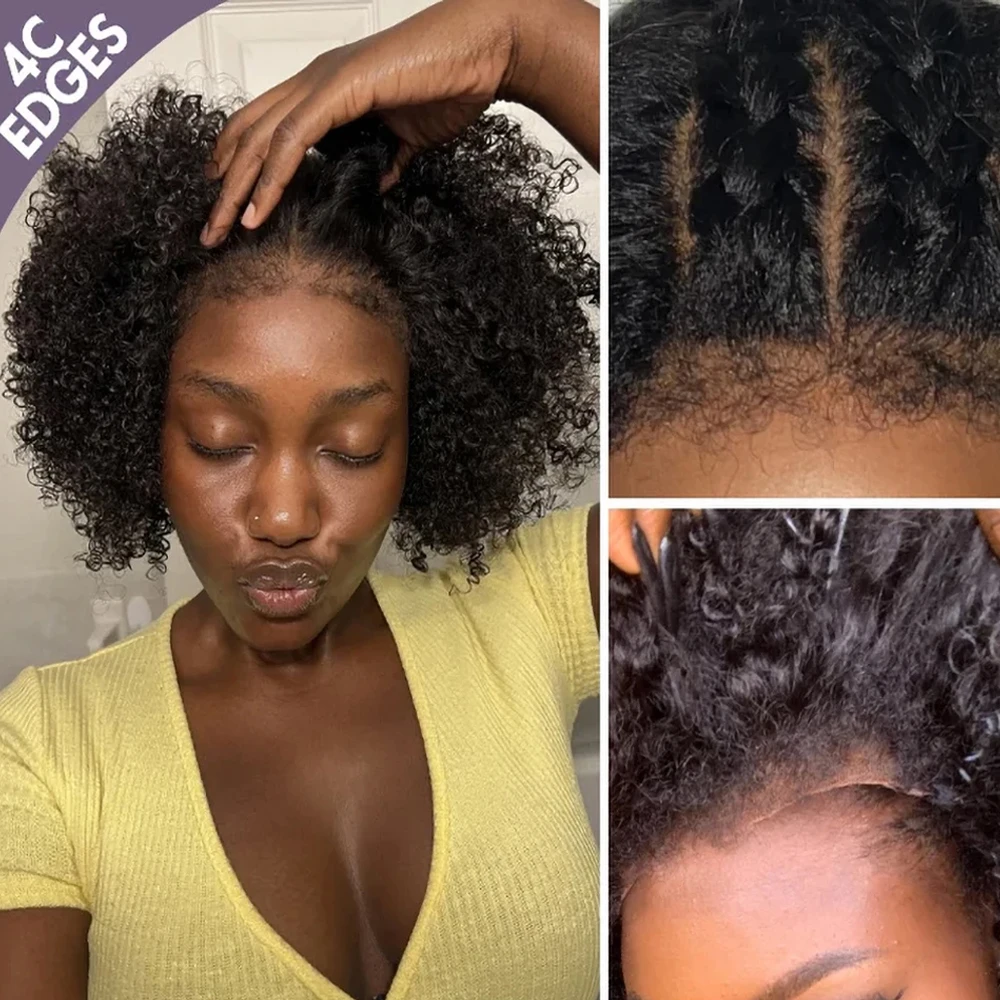 رائجة البيع 4C غريب حواف شعر مستعار 180% البرازيلي بوب مجعد الدانتيل أمامي خصلات الشعر المستعار الإنسان الجزء الأوسط 4x4 قصيرة بوب شعر مستعار خط الشعر الطبيعي