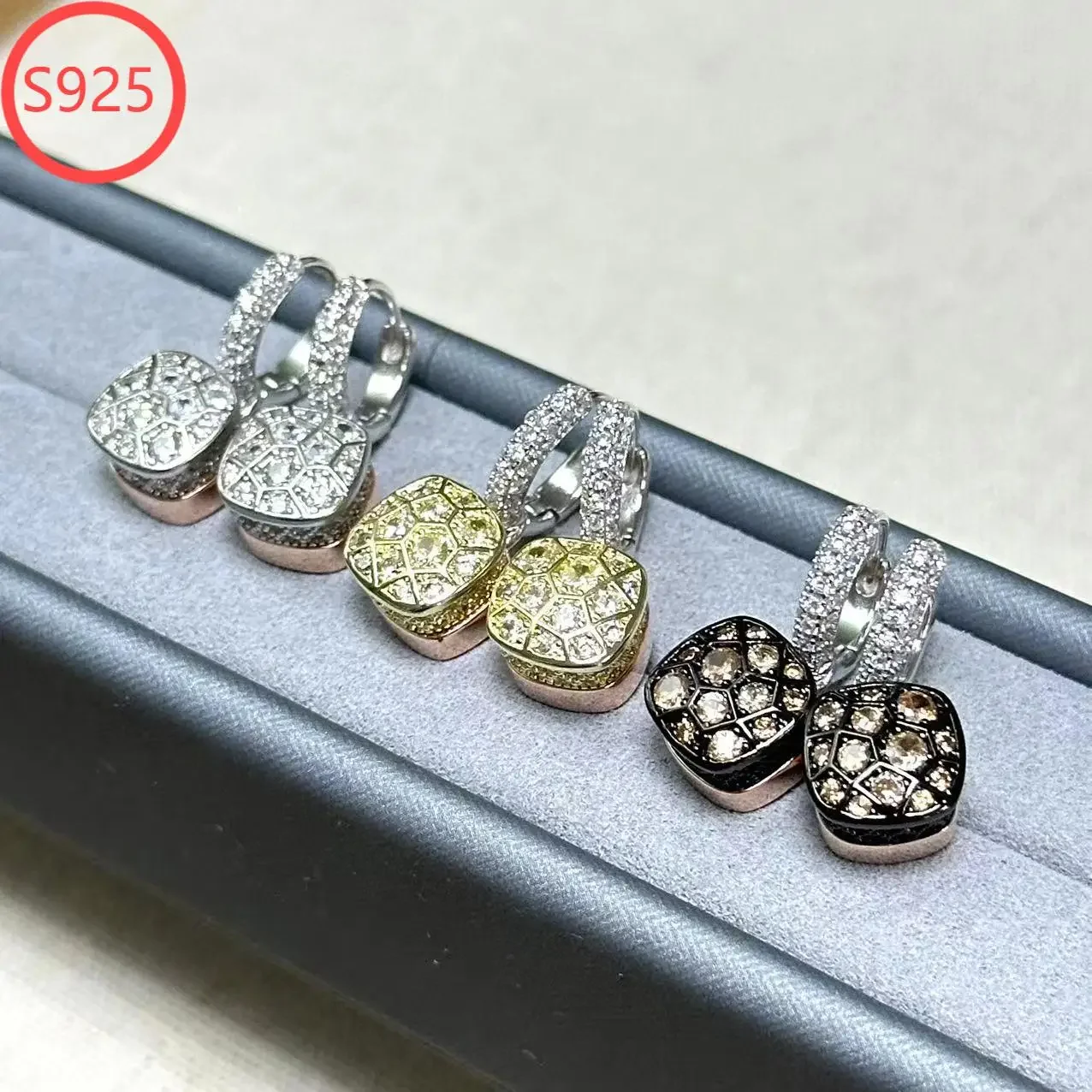 10.6mm Honeycomb Earrings S925 Rose Gold Plated Zircon Golden Champagne Green Black Red Yellow Drop Earring For Women