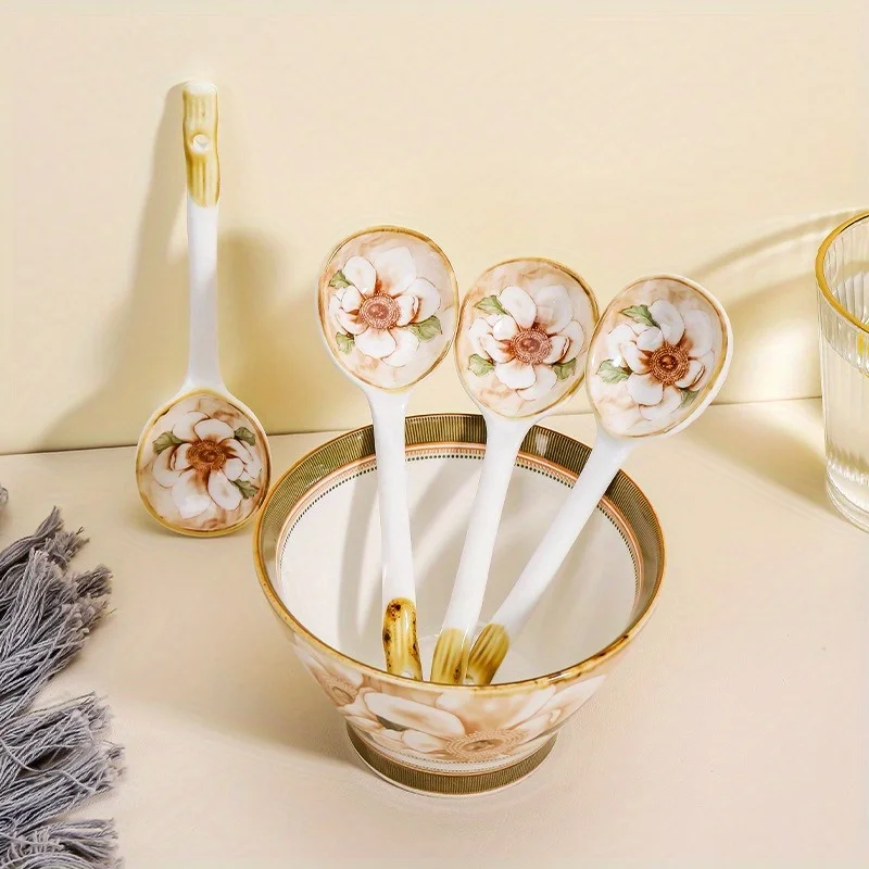 5 Pieces of Vintage Ceramic Spoons, High-quality Long Handled Spoons, Dessert Spoons Suitable for Dishwashers