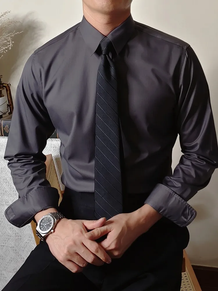 Square collar solid color slim-fit black slim-fit long-sleeved seamless shirt non-ironing waterproof commuter casual shirt