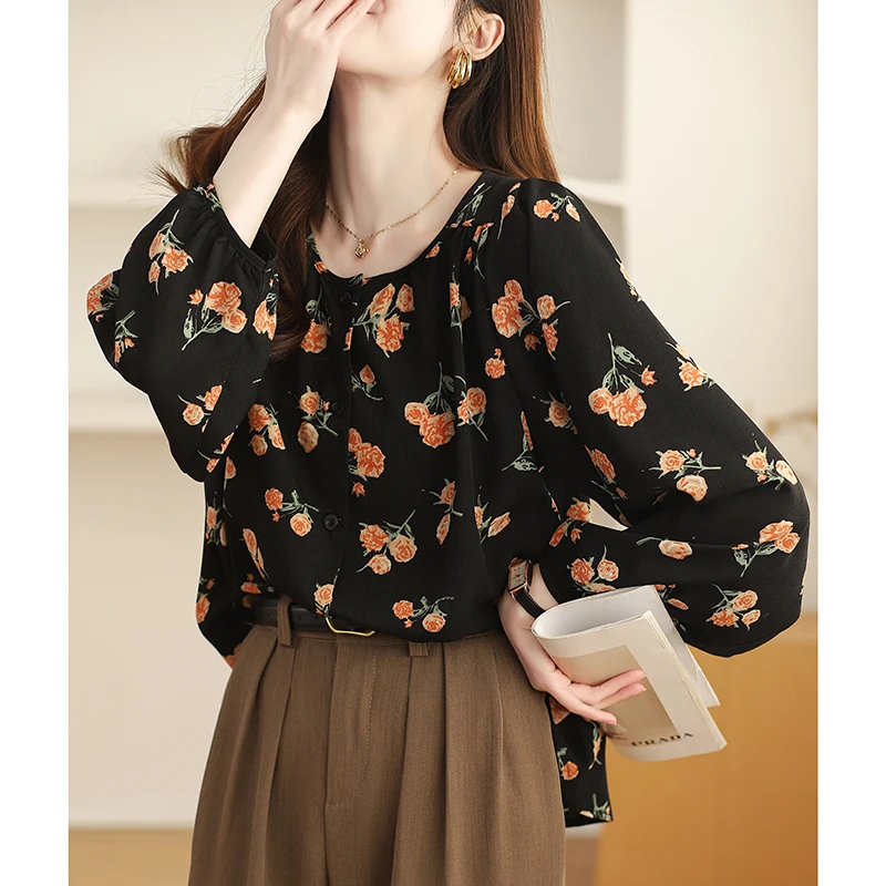 Women Summer Korean Chiffon Office Lady Printing O-neck Long Sleeve Shirts Women Clothes Casual All-match Simplicity Trend Tops