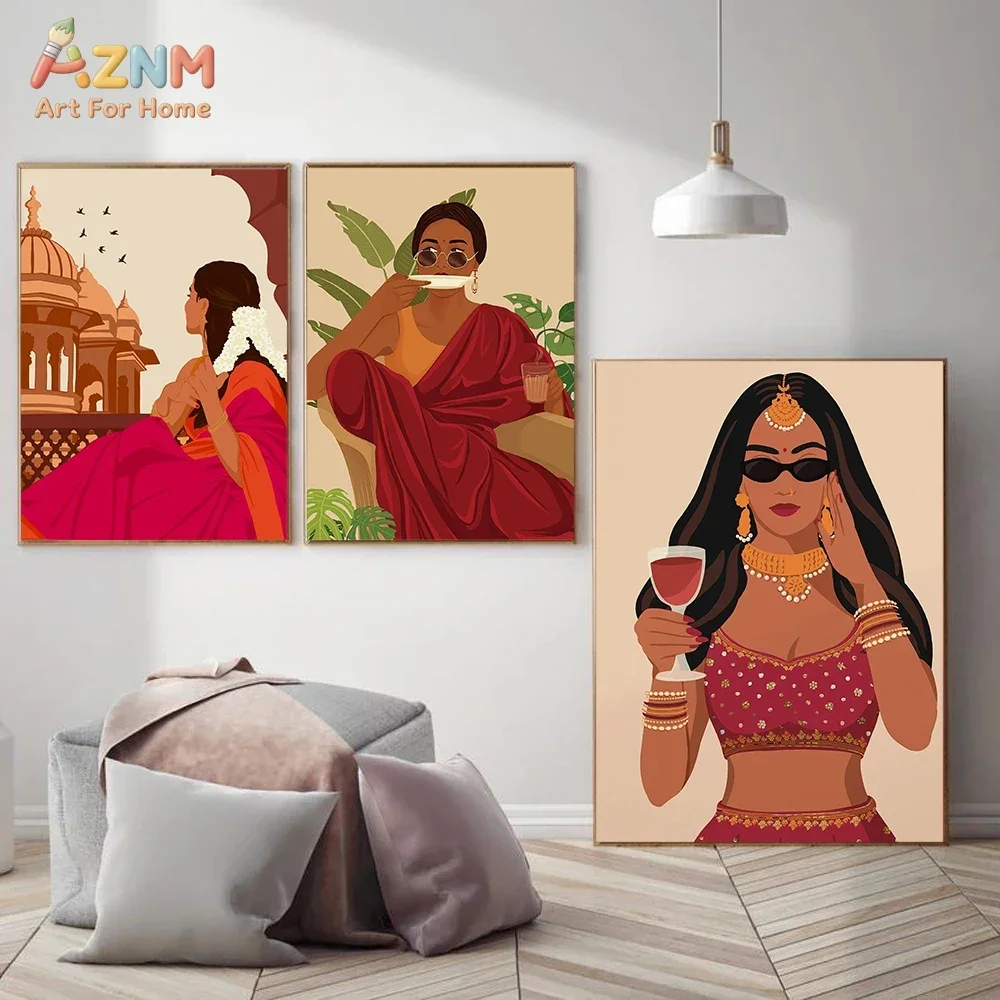 AZNM Boho Indian Woman Canvas Print Saree Tiger Tropical Leaf Vintage South Asian Lady Flat Illustration Neutral Tone Wall Poste