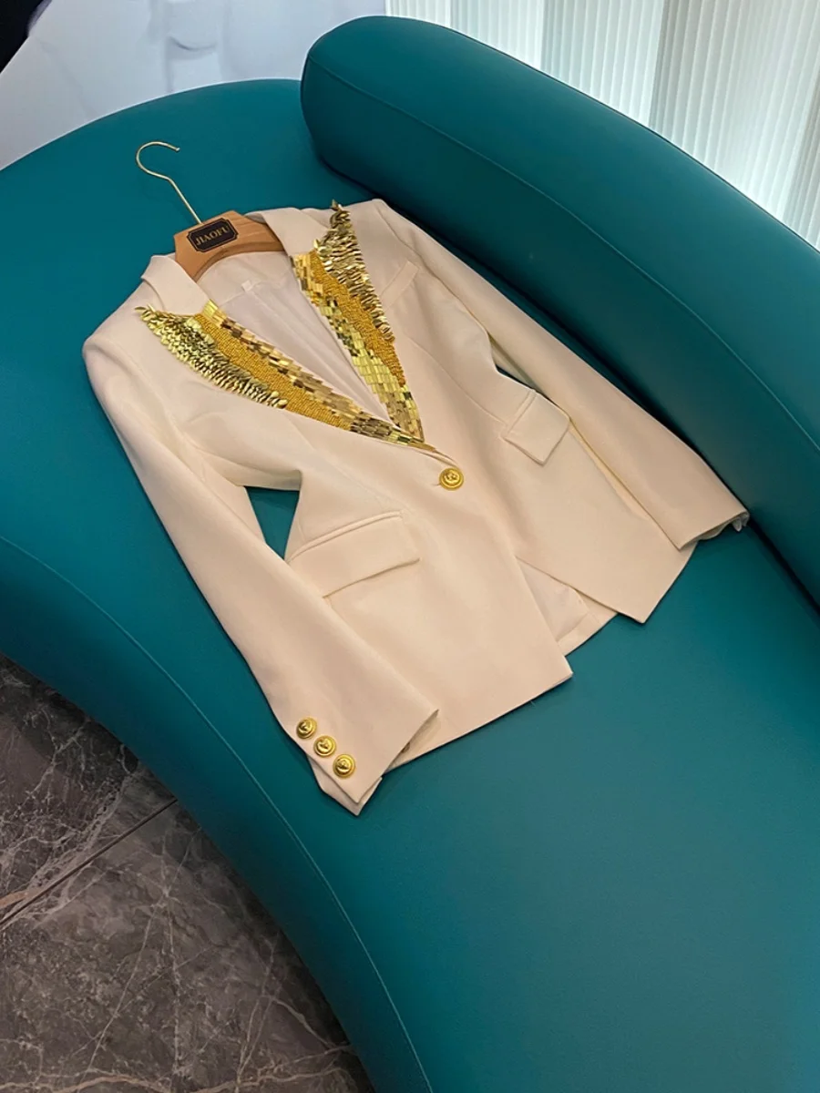 Fine Workmanship Sequin Beading Notched Single Button Lady Office Formal Coat Long Sleeve Women Solid Blazer White