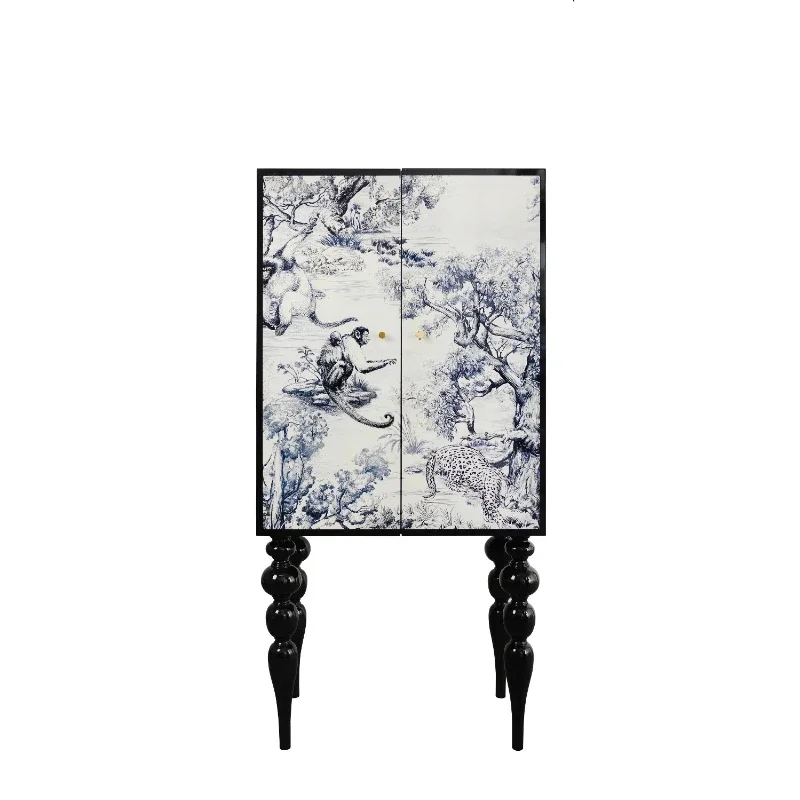 خزانة عمودية فرنسية مصنوعة من الخشب المطلي بالفن، وكابينة المدخل، والحبر الأزرق e والأبيض الجديد C hinese sty le #1