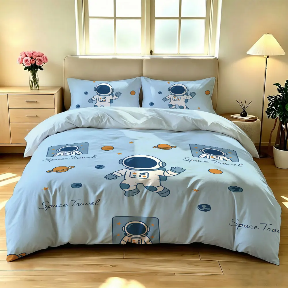 3 pieces blue space astronaut planet pattern printing bedding set including 1 bedding cover 2 pillowcases (without filling) s
