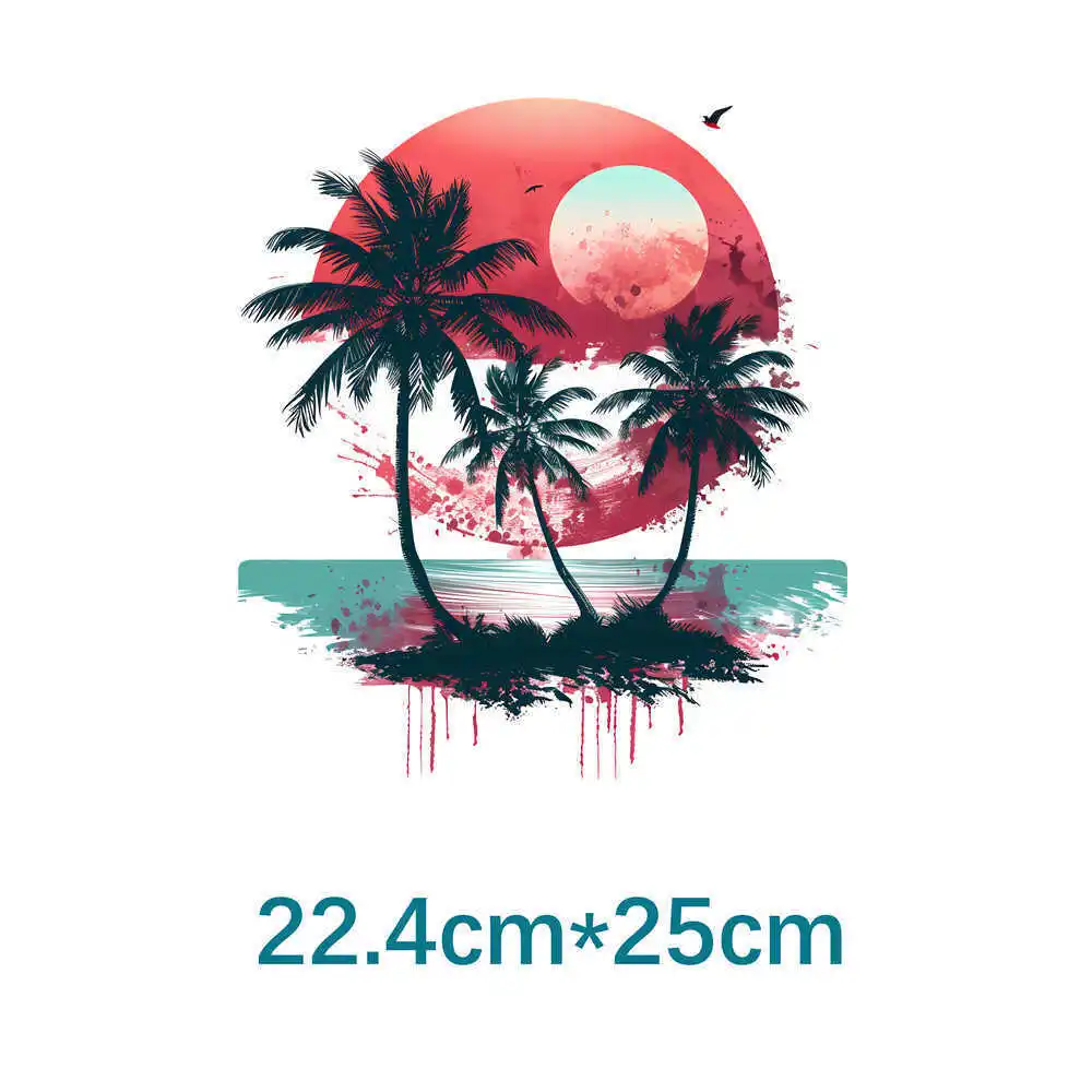 25cm Beach Sunset Coconut Tree Iron On Heat Transfer Stickers For Ironing Transfers For Clothing Diy Clothes Appliques