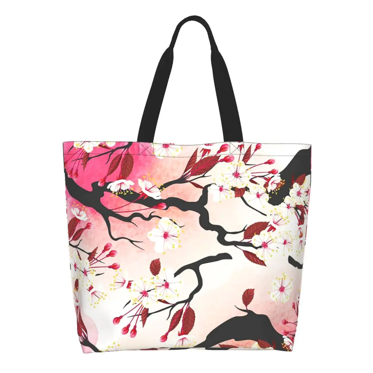 Blooming Sakura Branch Cherry Blossom Japanese Flower Shopping Tote Bag Canvas Shoulder Bags Shopper Grocery Handbag for Women