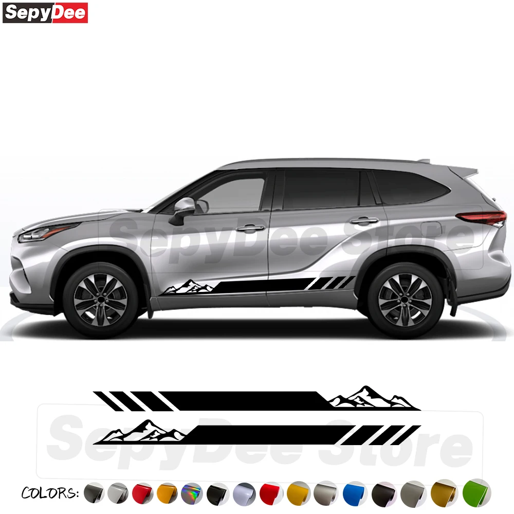 

2Pcs Racing Sport Mountain Graphics Car Door Side Skirt Stickers for Toyota Highlander Body Stripe Kits Vinyl Decal Accessories