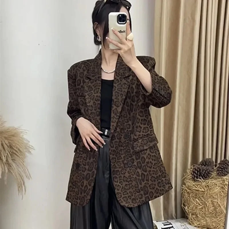 Autumn Women New Long Sleeved Top Female High End Double Breasted Suit Jacket Korean Lady Leopard Print Patchwork Blazer Outwear