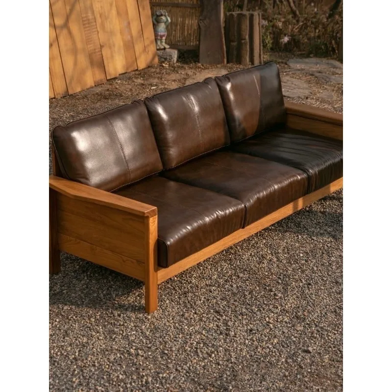 Customized Myanmar old teak solid wood real cowhide living room modern simple small apartment straight row three-person sofa