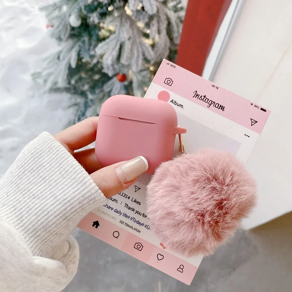 cute bean paste pink soft earphone case for airpods 4 silicone cover with lovely plush fluffy ball for airpods 4 pro 2 3  fundas