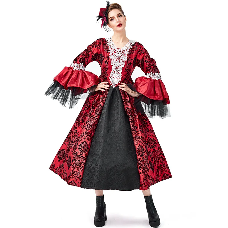 

Halloween Vintage Spain Gothic Medieval Royal Court Demon Vampire Queen Cosplay Costume Steampunk Victoria Witch Devil Gown