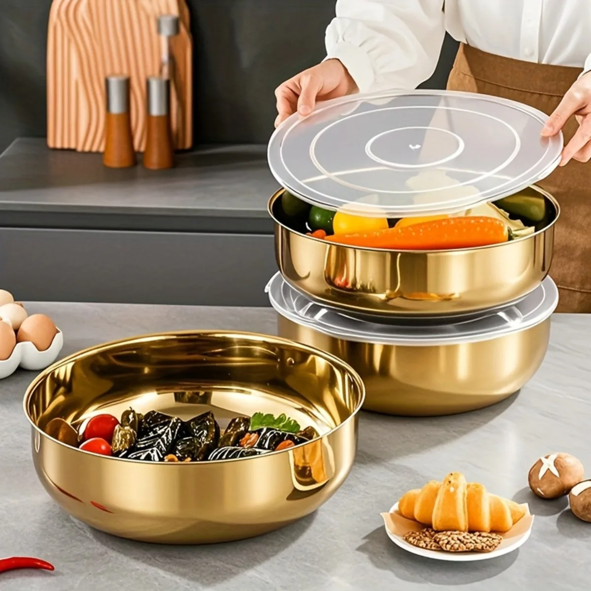 Золотая миска для смешивания из нержавеющей стали с крышкой |   Глубокий нержавеющий для выпечки и макарон |   Сверхмощная кухонная утварь, которую можно мыть в посудомоечной машине
