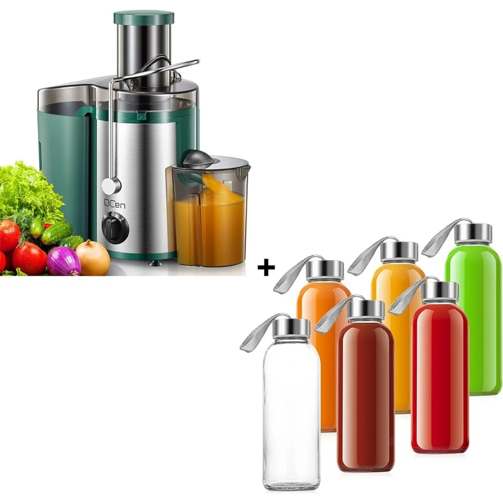 QCen Centrifugal Juicer Machine Green and 6PCS Glass Bottle Bundle