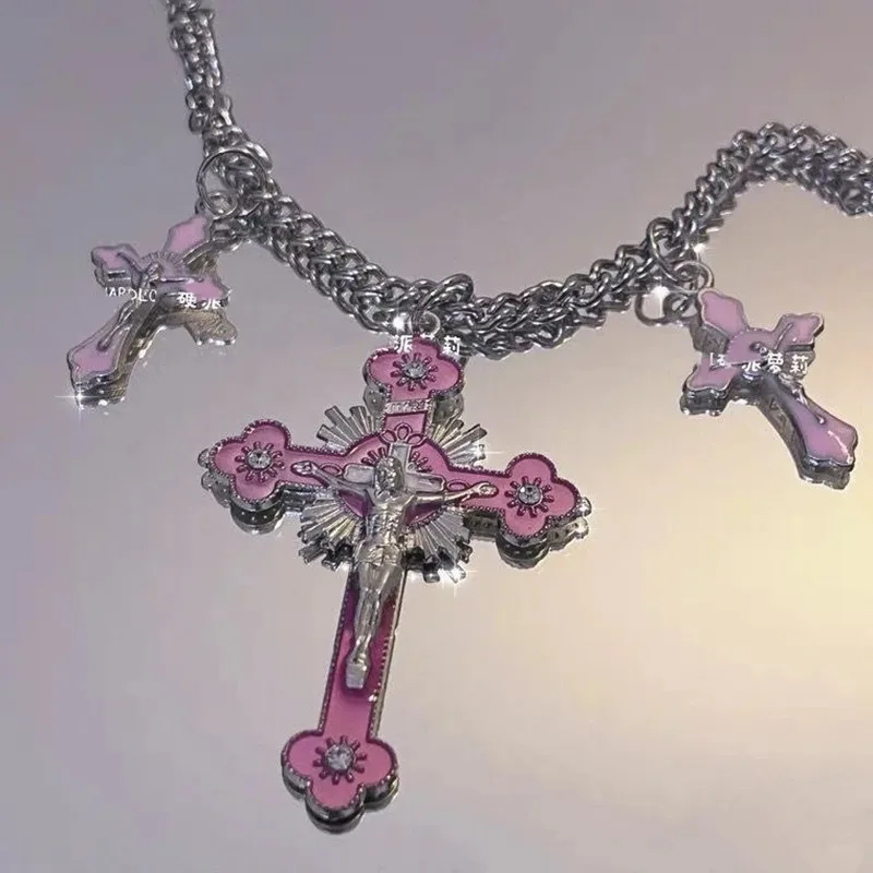 Y2K Style Charm Pink Cross Necklaces for Women Female Accessory Gothic Spicy Cool Girls Jewelry Couple Decoration Gift Wholesale