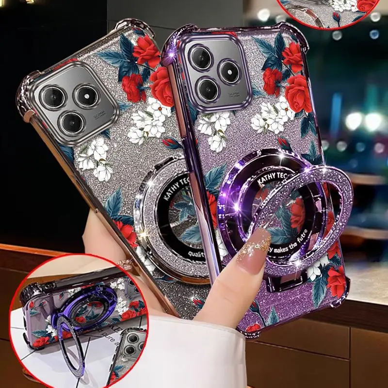 

C61 Red flowers Plating Bracelet Holder Phone Case For Realme C75 C61 C51 Narzo N63 C35 C63 Note 50 N55 Cover