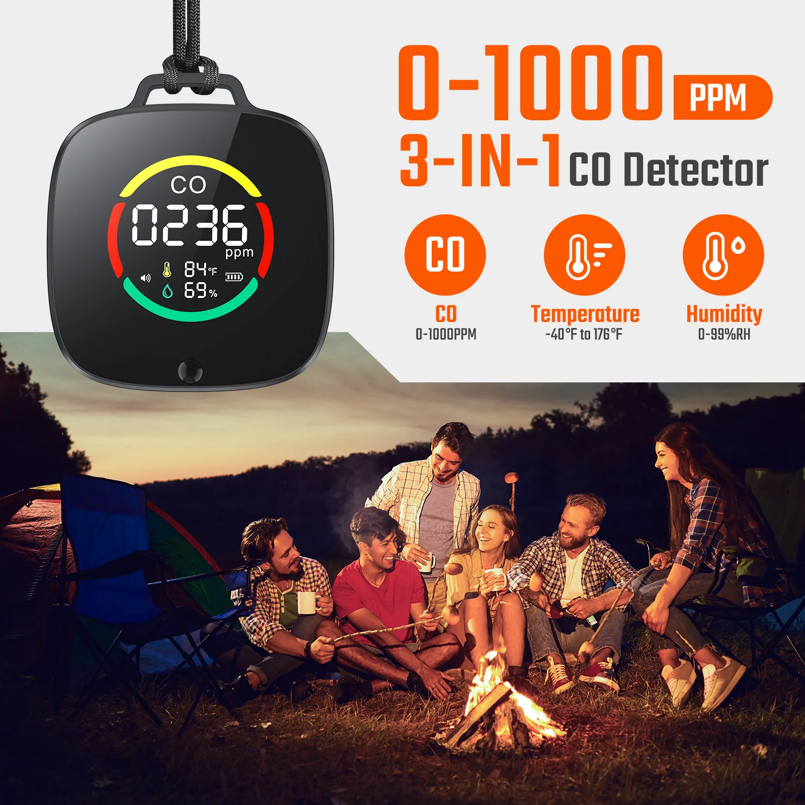 

Portable Carbon Monoxide Detector, Rechargeable 3-in-1 CO, Temperature & Humidity Meter, Custom Alarm Thresholds, 240h Standby