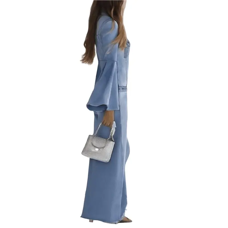 

CYL-Women's Denim Jumpsuit Romper Long Bell Sleeve Button Down One-Piece Pants Outfit