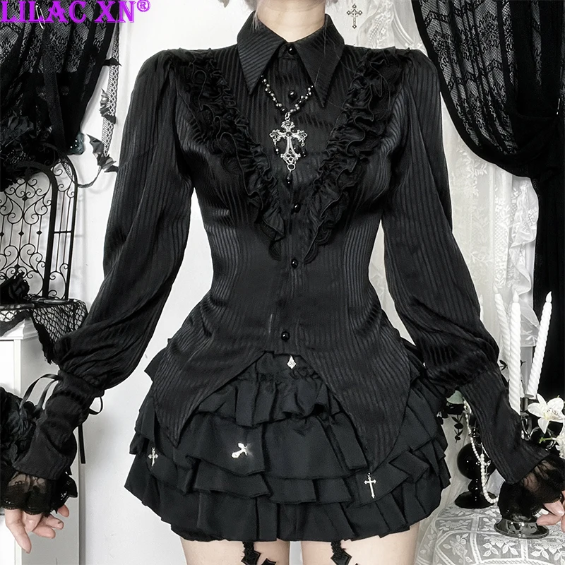 

Gothic Black Strip Ruffles Lace-up Long Sleeve Shirts Vintage Elegant Slim Blouses Women Fashion Autumn Partywear Halloween