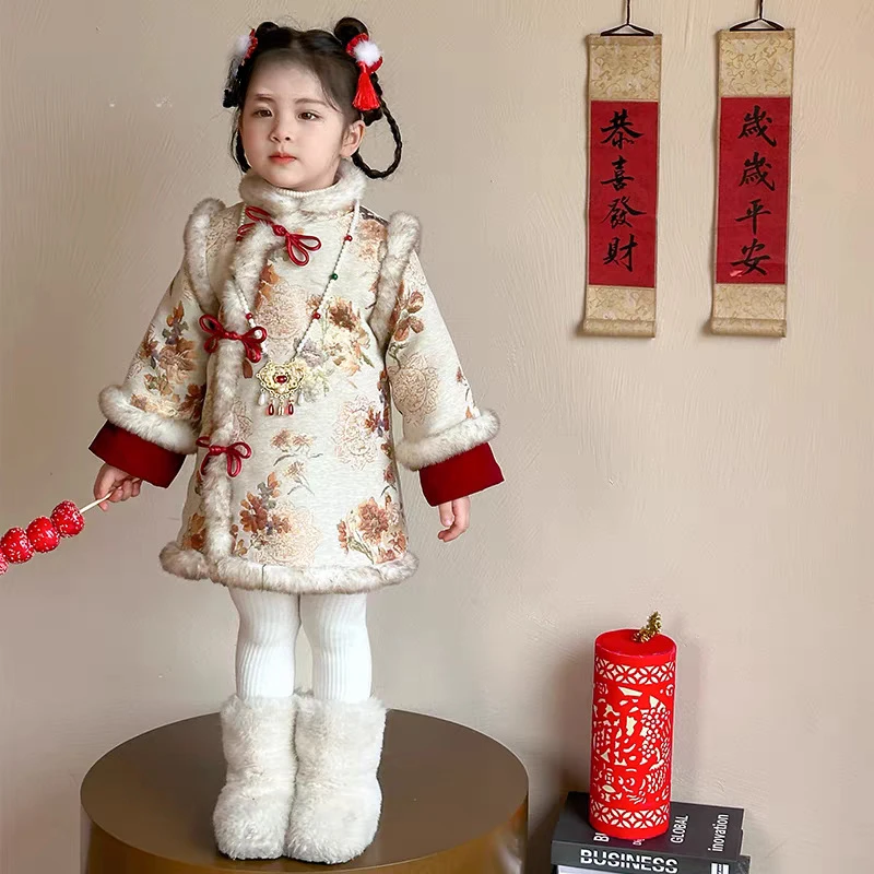 New Year's Clothing Girls Hanfu Winter Children's Fleece Cheongsam Skirt Baby National Style Chinese Festive New Year Clothing