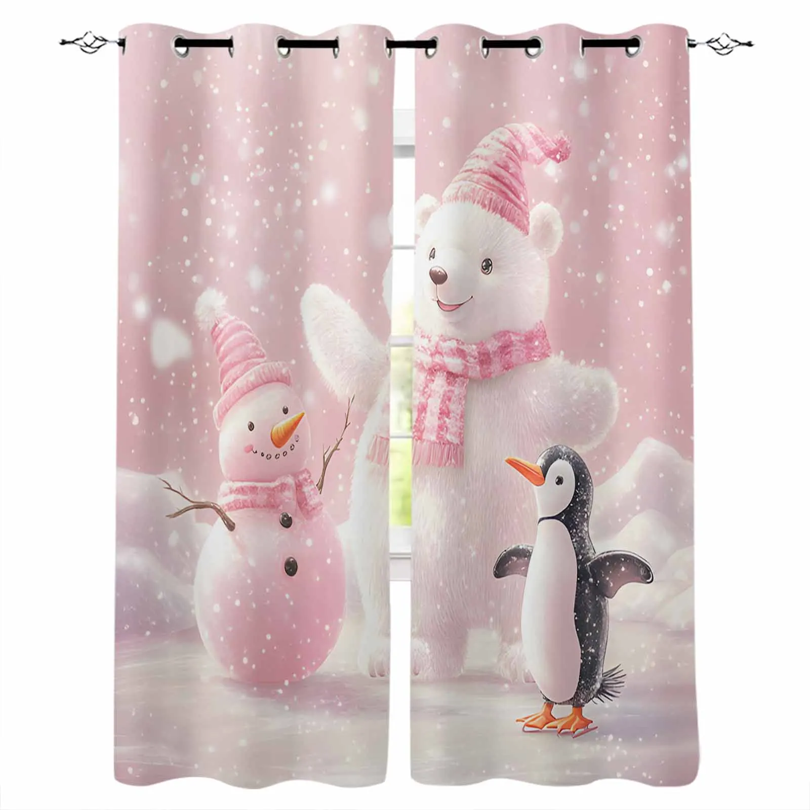 Christmas Pink White Bear Penguin Curtains For Kitchen Bedroom Window Treatment Curtains For Living Room Home Decor