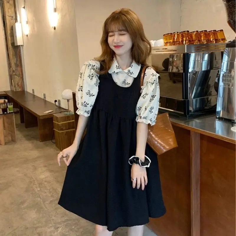 Cute Japanese Style Short Sleeve JK Dress Women's  Summer Dress Vintage Black Bib Overalls Sweet First Love Student Dress