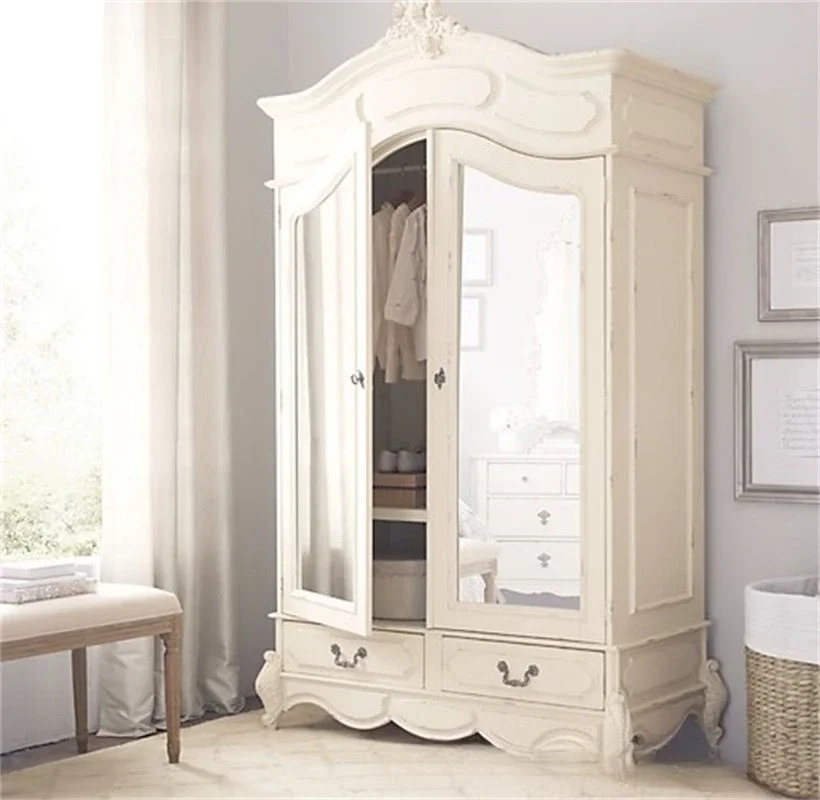 Solid wood wardrobe European oak carved children's wardrobe bedroom retro glass door double door wardrobe