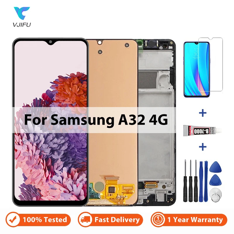 Display For Samsung Galaxy A32 4G A325 SM-A325F/DS LCD Touch Screen Digitizer Assembly Replacement with Tempered Glass Tool Glue