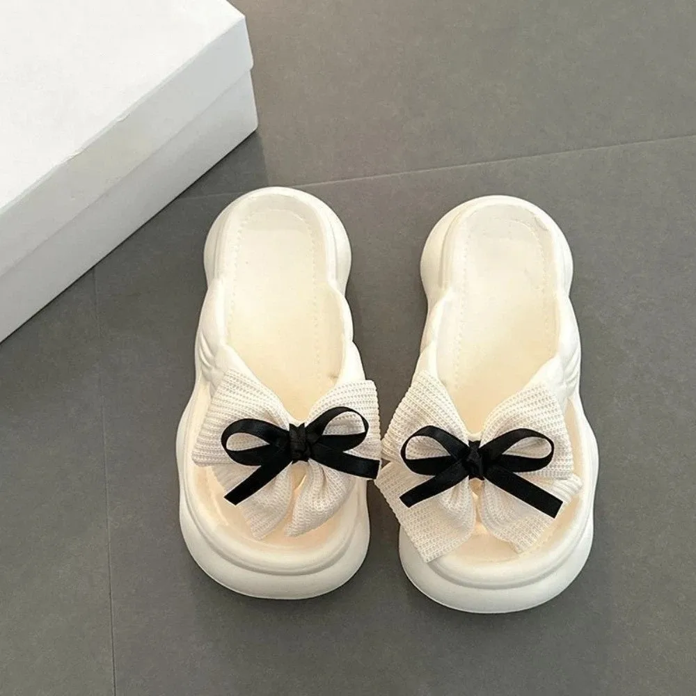 Non-slip Bowknot Cloud Slippers Black White Height Increasing Bow Slides Sandals Thick Soled Casual Thick Bottom Slippers