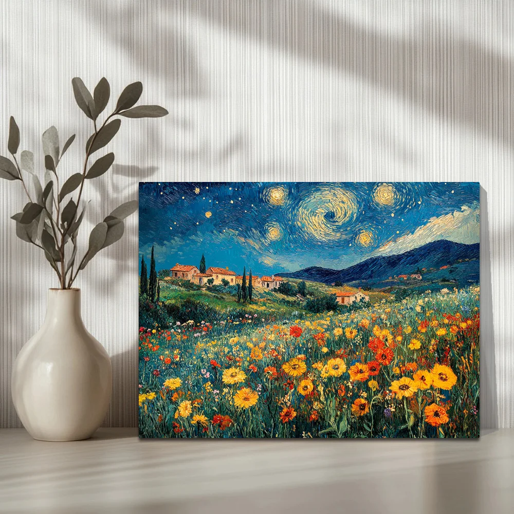 1pc,Under The Spinning Starry Sky Of Van Gogh, A Vibrant Flower Field A, Modern Canvas Wall Art, Framed, 16x12inch