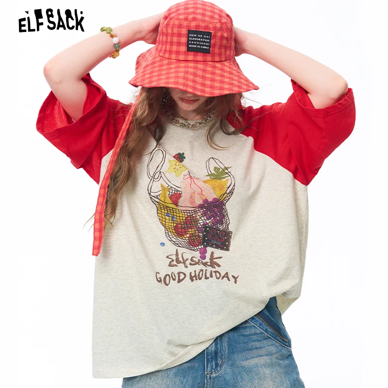 ELFSACK Women's Raglan 3/4 Sleeve T-Shirt with Fruit Basket Graphic Print, Color Block Loose Tee for Daily, Casual Oversized Top