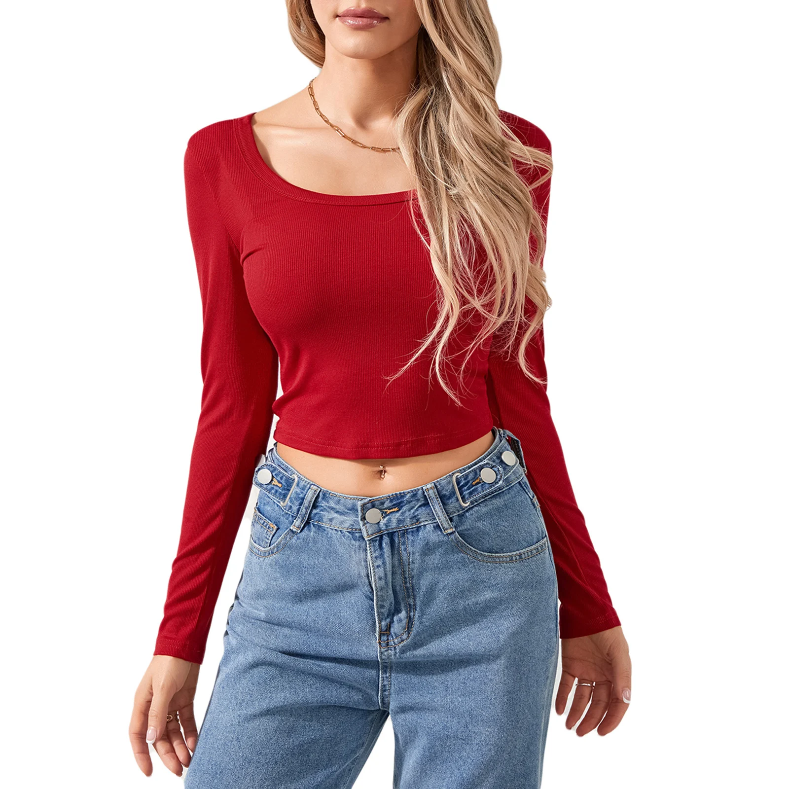 

Футболка женская приталенная с круглым вырезом, базовый Модный укороченный топ в рубчик, Однотонная рубашка с длинным рукавом, Y2K, весна-осень