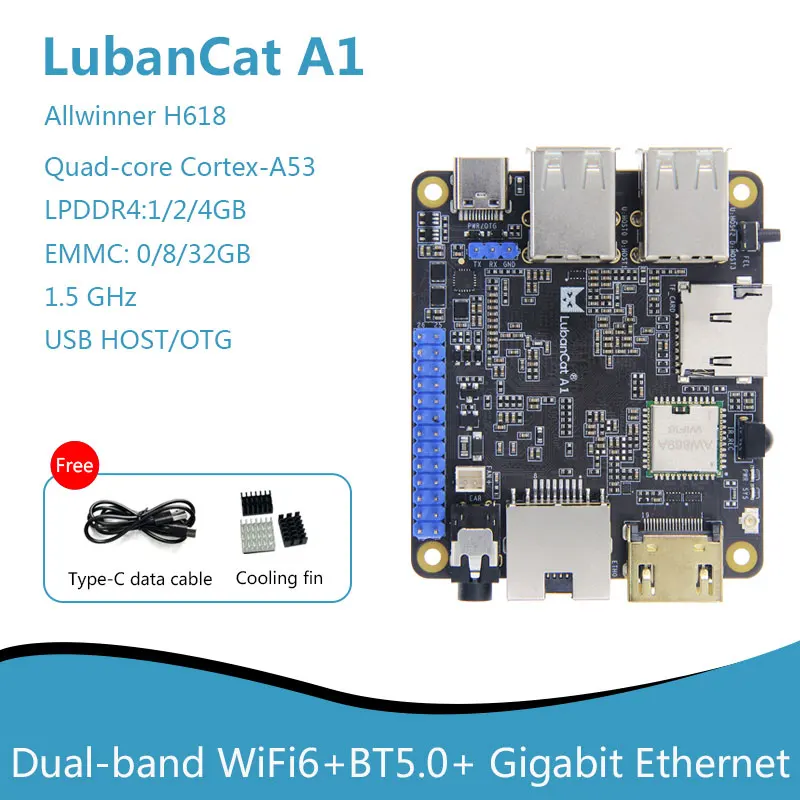 LubanCat A1 Development Board Allwinner H618 Quad core Cortex A53 1.5GHz USB HoST/ OTG Dual-band WiFi6 BT5.0 Gigabit Ethernet