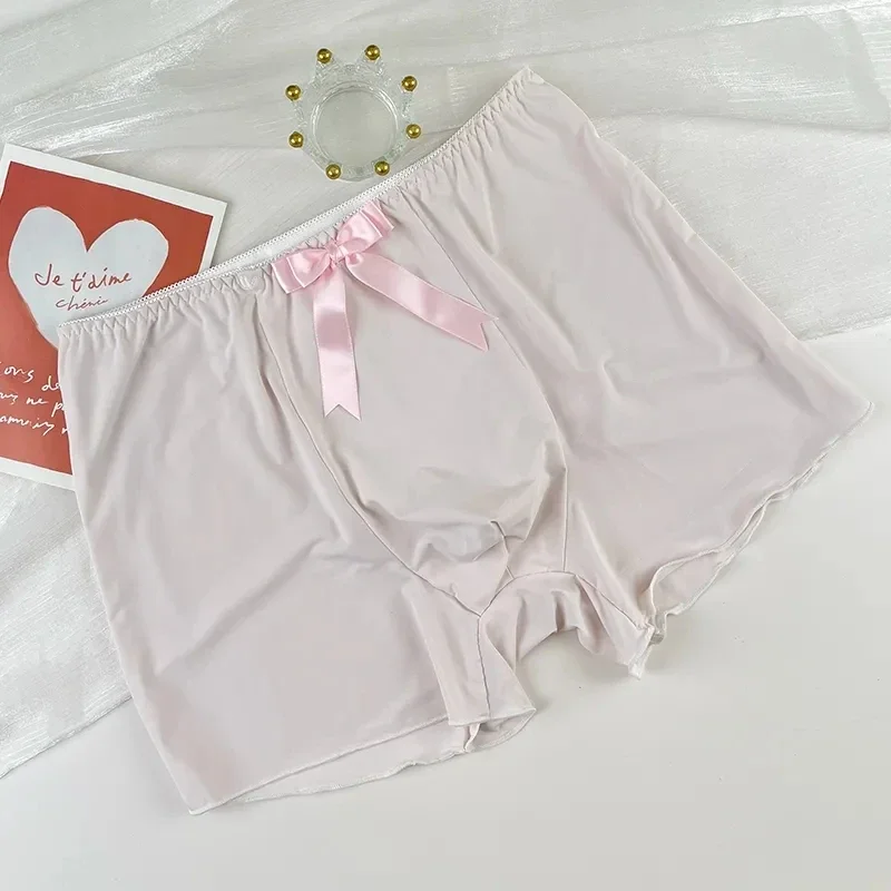 Slip boxer da uomo in seta di ghiaccio morbido con papillon rosa Sissy Mutandine a vita bassa Spettacolo dal vivo Costumi sexy da ballo Costumi sexy per feste BF