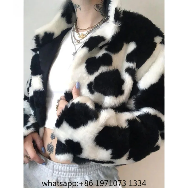 Goth Dark Punk Style Gothic Crop Faux Fur Y2k Coats Fashion Color Block Long Sleeve Women Cardigan Jackets Warm Streetwear 2023